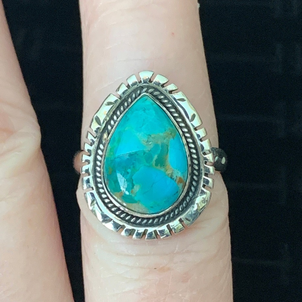 925 Sterling Silver Mohave Turquoise Pear Ring Size 7.5 Southwestern Boho Rope